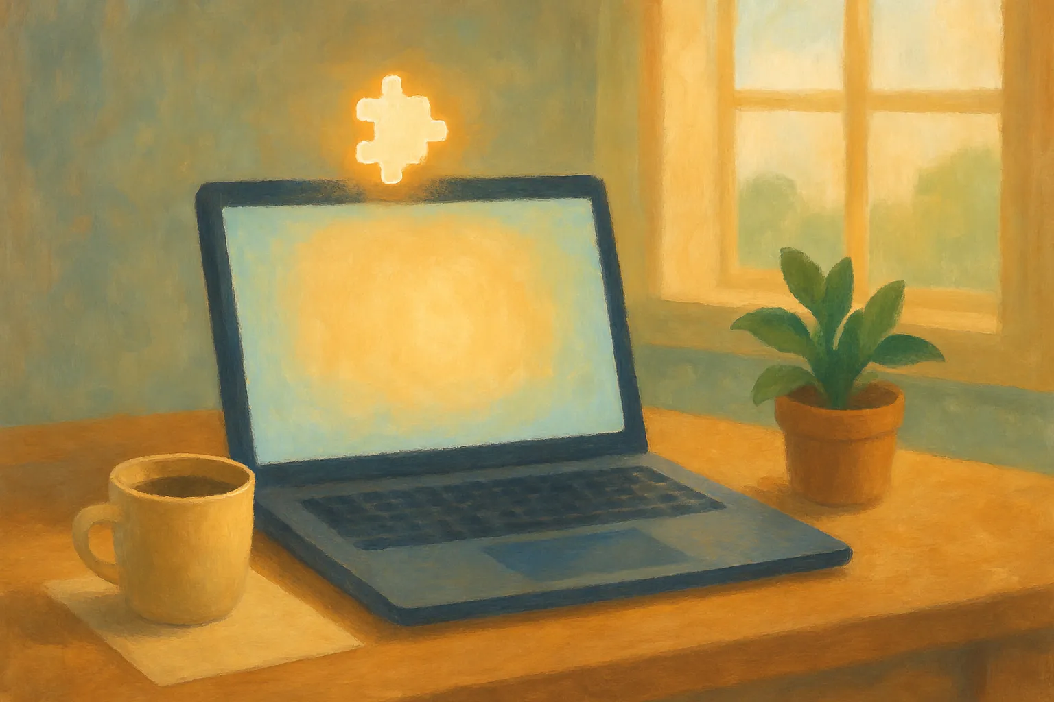 An open laptop on a wooden desk with a softly glowing warm screen and a glowing puzzle-piece extension icon floating above it, beside a coffee mug and a potted plant by a sunlit window.