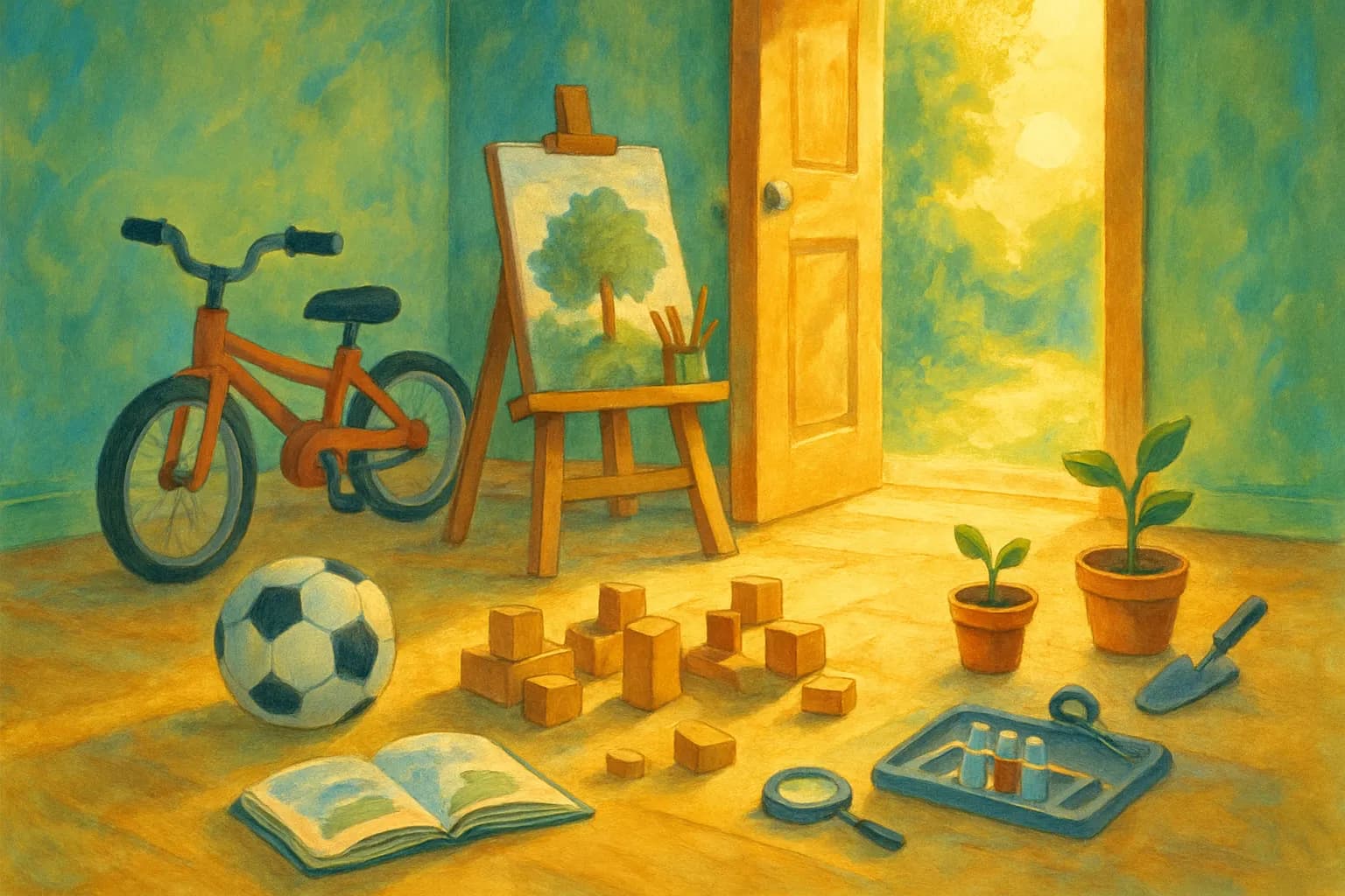 A sunlit doorway with a soccer ball, a bicycle, an art easel, wooden building blocks, and a small science kit — an invitation to play