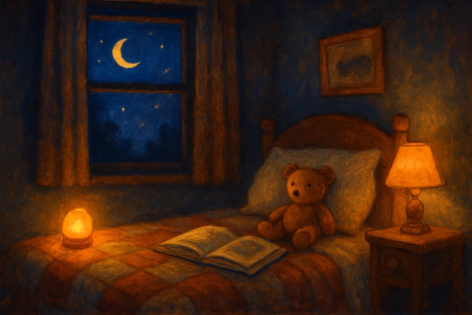 A cozy child’s bedroom at night — a glowing nightlight, an open storybook on a quilted bed, and a crescent moon in the window