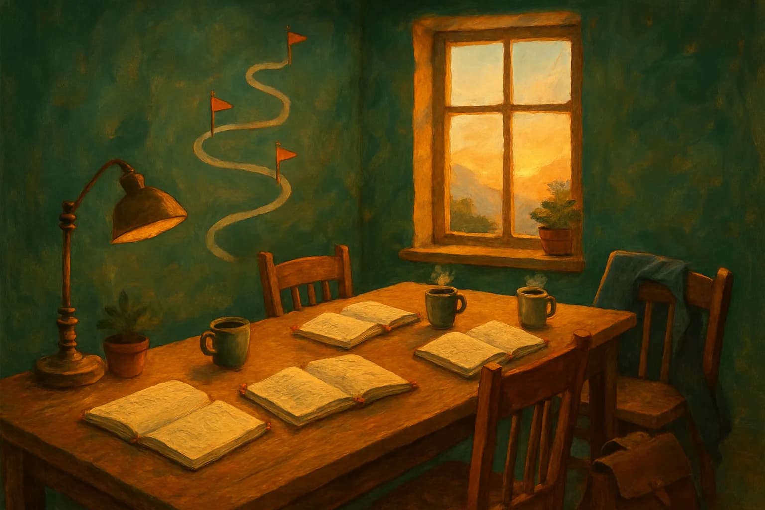 A warm painterly nook at dawn: a wooden table set with several open notebooks and three steaming mugs of coffee, a brass desk lamp and potted plants nearby, a blazer draped over one chair and a satchel on the floor. On the deep-green wall behind, a winding path dotted with three small flags climbs toward a window glowing with a golden sunrise over distant mountains.