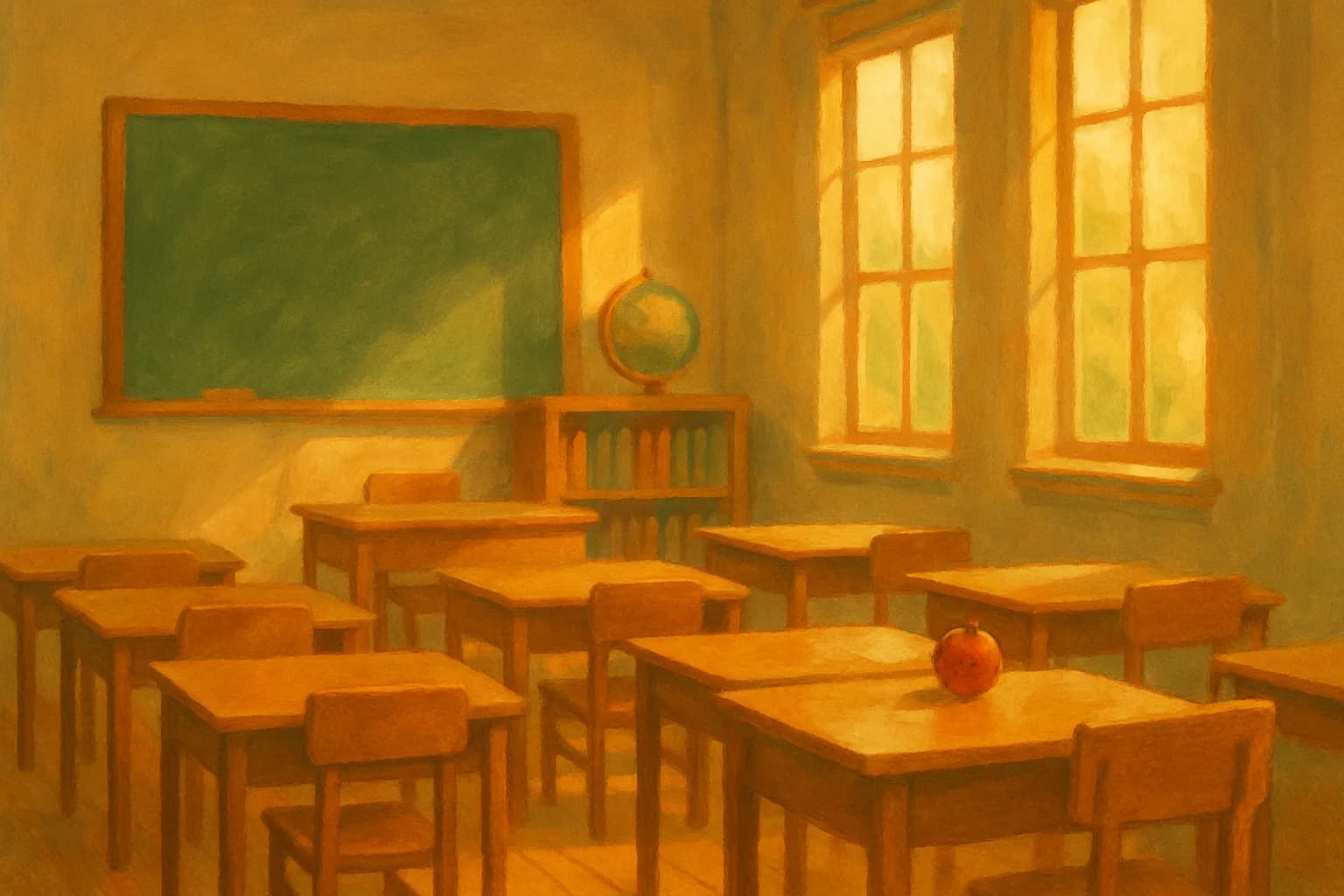 An empty classroom in warm morning light: rows of wooden desks, a blank green chalkboard, a globe on a shelf, and a single red apple on the front desk beside sunlit windows.