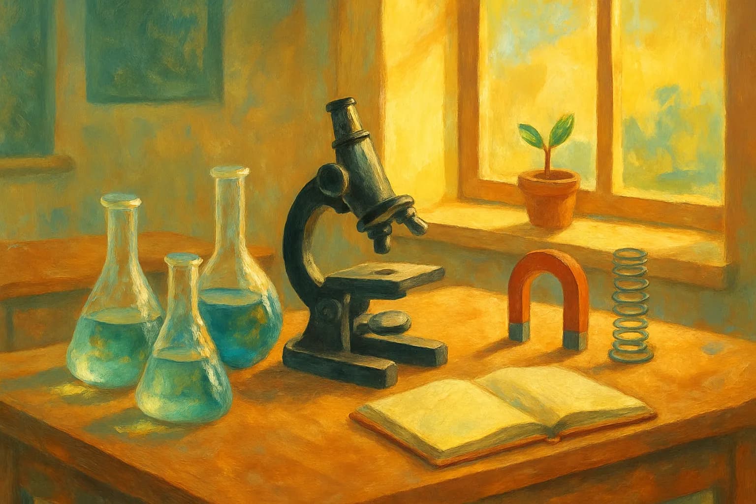 A sunlit classroom science bench: glass flasks of blue-green liquid, a microscope, a horseshoe magnet and a coiled spring, an open notebook, and a potted seedling on the windowsill.