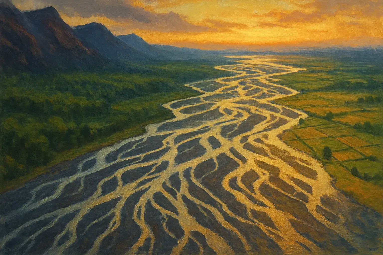 A braided river seen from above at dusk, its many channels splitting and rejoining as they flow from dark mountains through forest and fields toward a golden horizon.